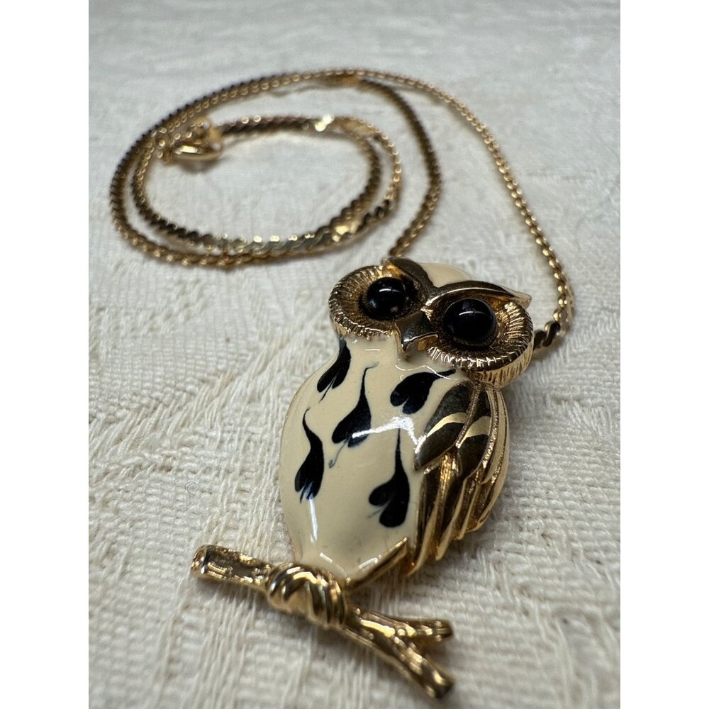 Vintage Gold-Tone Owl Pendant Necklace With Enamel Accents
